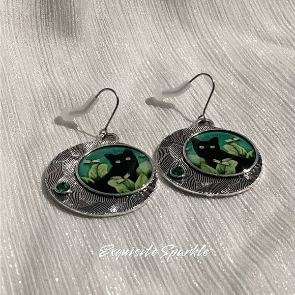 😸Oxidized Silver Alloy Black Cat Circular Hook Drop Earrings - Picture 7 of 15